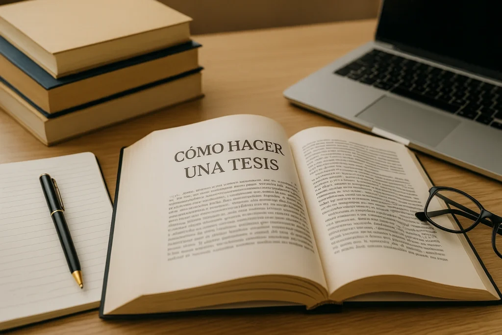 Libro abierto con el título 'Cómo hacer una tesis' en un escritorio de estudio con laptop, libreta y gafas