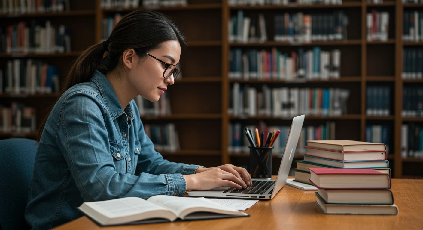 Estudiante redactando la introducción de su tesis en la biblioteca con laptop y libros de apoyo.