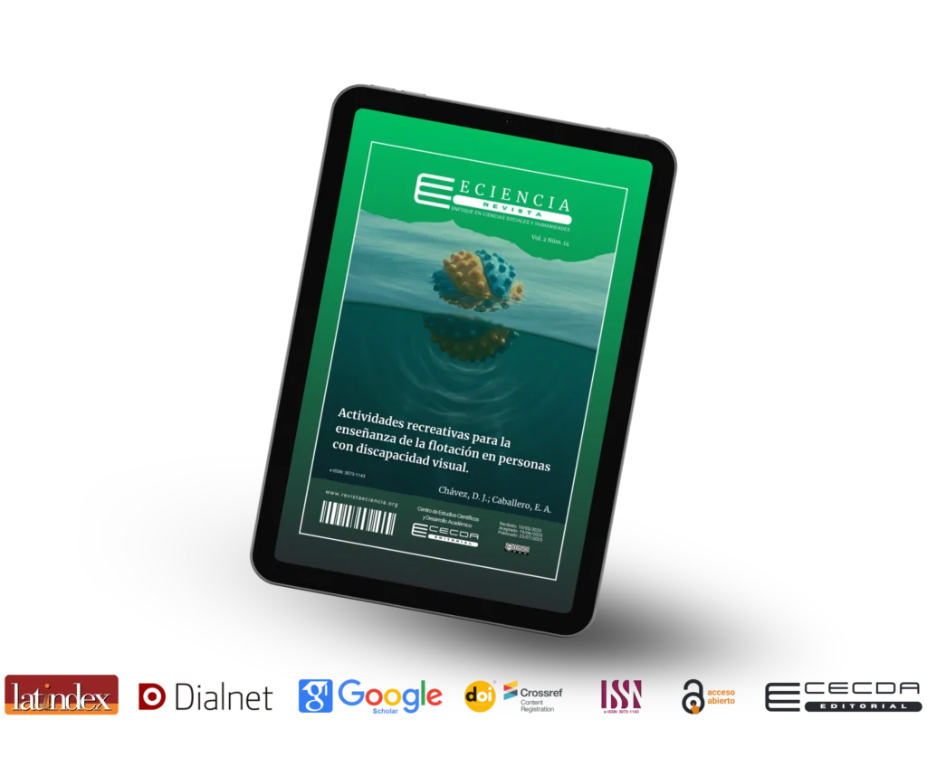 Tablet digital que muestra la portada de la revista científica Eciencia con un artículo sobre discapacidad visual, junto a logos de indexación como Latindex, Dialnet y Google Scholar.